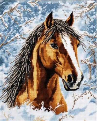 AYAOYANGGO Tier Kreuzstich Set Pferdeporträt Diy-Kreuzstich-Sets Für Erwachsene Mit Nadeln，Scheren-Einfädler，Vordruck Für Die Wanddekoration Zu Hause 11CT 30x40cm