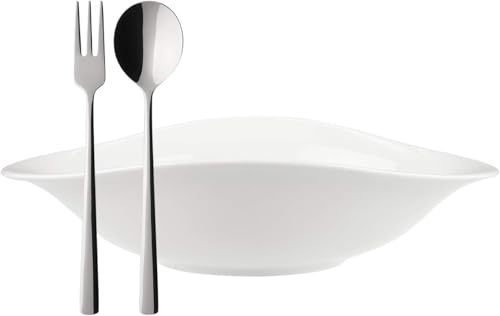 Villeroy & Boch – Vapiano, Set italien, 12 pièces, 4X assiettes à pâtes, 4X fourchettes à spaghetti, 4X cuillères à spaghetti, pour spaghetti et pâtes, porcelaine premium, acier inoxydable, résistant