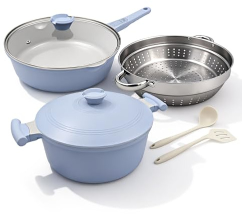 AIKENBBKK Set di pentole e padelle in ceramica, rivestimento antiaderente in ceramica, con manico rimovibile, colore: blu