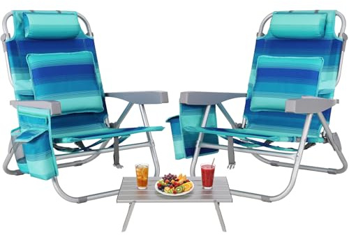 LIFERUN Strandstol, hopfällbar, lätt, aluminium, 2-pack & bord, ryggsäcksstol, strandstol, campingstol, kan ligga platt, maxvikt 150 kg, utomhus fällstol, justerbar hög ryggstöd, blå