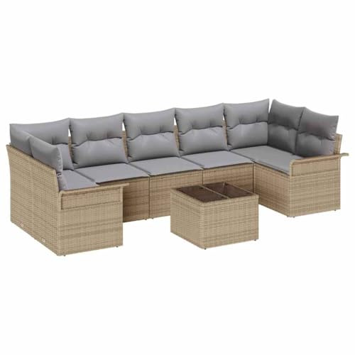 HFXHIJXQ 9-Sitzer Gartenmöbel Set Beige Rattan Sofa Gruppe mit höhenverstellbarem Tisch und Aufbewahrung 289 x 132,5 cm wetterfestes Balkonmöbel für Garten Terrasse Balkon