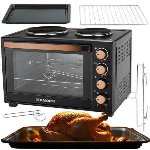 Kalorik - Minibackofen - Kochplatten 2er Elektrisch - mini Backofen 30 Liter - 2-in-1 Backofen und Kochfeld für vielseitiges Kochen und Backen, mit Umluft & Drehspieß, 3300 W, Schwarz Kupferakzent