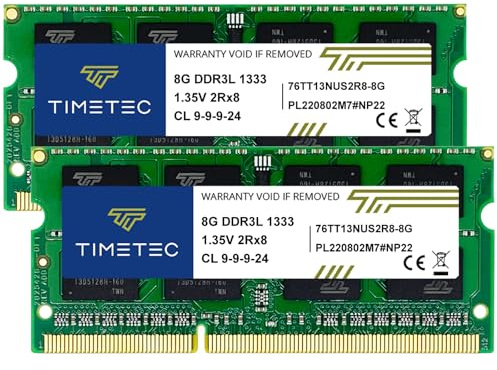 Timetec 16 GB (2x8 GB) DDR3 1333 MHz PC3-10600 Ingen ECC, obuffrad 1,5V CL9 2Rx8 Dual Rank 204 Pin SODIMM Laptop Notebook PC Dator RAM-uppgraderingsmodul (16 GB KIT (2x8 GB))
