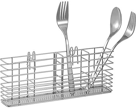 SANNO Utensil Silverware Holder Organizer Hanging Cutlery Organizer Spoon Drying Rack Basket Holder, 4 Divided Compartments Silverware Organizer, Stainless Steel