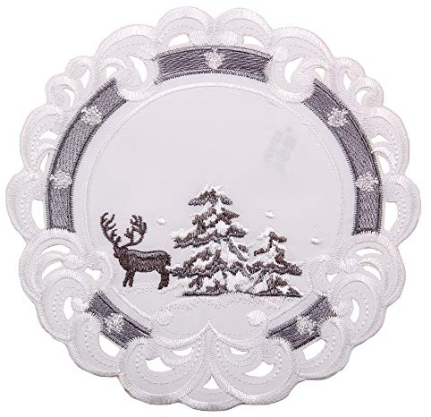 Quinnyshop Weihnachtsdeckchen - Bestickt mit Hirsch und Tanne Motiv Leinenoptik Polyester Grau-Weiß ca. 20 cm Rund