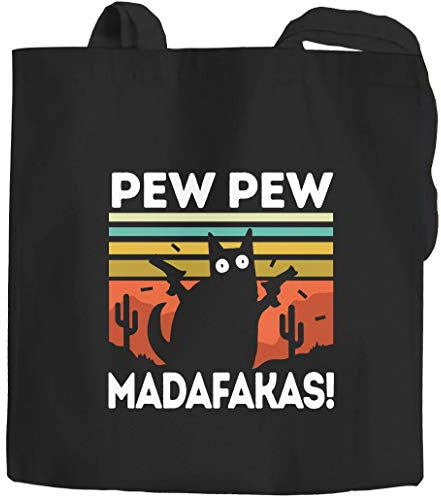 Moonworks® Jutebeutel Pew Pew Madafakas! schwarze Katze Spruch Meme lustig schwarz 2 lange Henkel