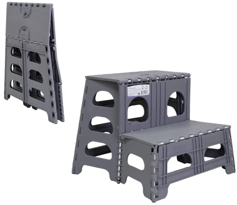 Bee Neat Folding 2 Step Stool for Adults, Kids, Toddlers - Collapsible & Foldable Step Ladder for Kitchen, Bathroom or Bedroom - Non-Slip & Wide Stepping Stool Supports 200lbs - Gray