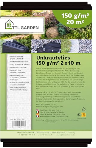 TTL GARDEN 150g/m² Unkrautvlies 20m² 2m x 10m - wasserdurchlässig & extra reißfest 10x 2m breit Gartenvlies - UV-stabile Wurzelsperre Mulchvlies Garten Vlies Folie gegen Unkraut