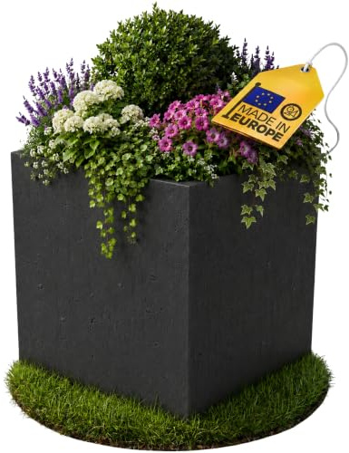 Ondis24 Pflanzkübel Vulkan Basalt 50, Blumentopf 50 x 50 cm, Garten Blumenkübel, Schiefer Optik Pflanzkübel mit Wasserspeicher, Pflanzenkasten hoch, Winterfest