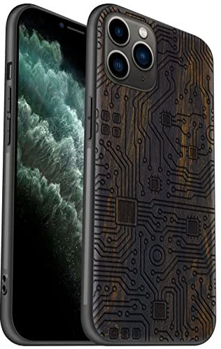 Carveit Coque pour iPhone 11 Pro Protection [Unique Bois Sombre] Artistique Gravure Laser TPU Souple de téléphone Antichoc Compatible avec 11Pro Coques en Bois (Carte mère)