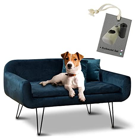 Rohrschneider Deluxe Hundesofa San Diego in Petrol, Samtbezug & Stabiles Holzgestell, Hundecouch inkl. Hundekotbeutel