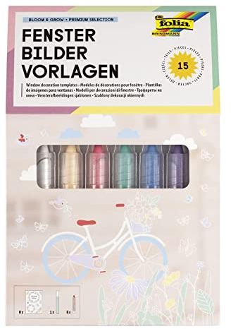 folia 39239 - Set di Immagini per finestre Premium Bloom & Grow con 8 Disegni prestampati sul Tema dei Fiori, della Pasqua e della Primavera, incl. 7 pennarelli a Gesso