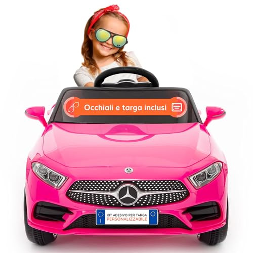 BabyCar Mercedes CLS 350 AMG | Macchina elettrica per bambini 12V 2x25W | Auto elettrica per bambini telecomandata, sedile pelle, porte apribili, MP3/USB | Licenza ufficiale | Rosa | Occhiali-Targa