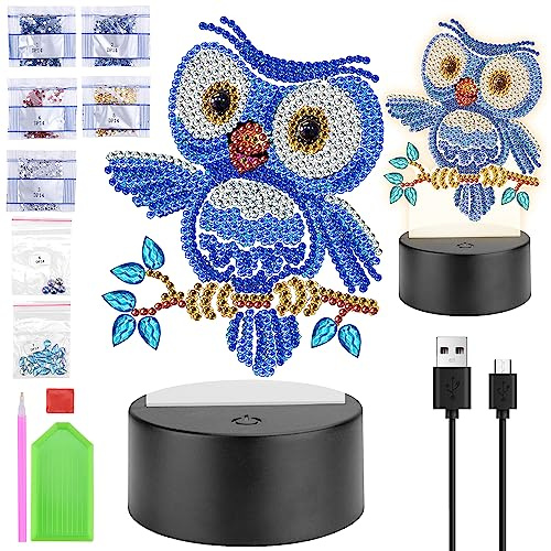 Homgaty Diamond Painting Kinder Mädchen, Kreative Bastelset Eule Nachtlicht Basteln am Kindergeburtstag, Geschenke Weihnachtsgeschenke für Mädchen 5 6 7 8 9 10 Jahre