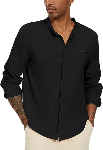 YAOBAOLE Camisa de lino para hombre, manga larga, ligera, cuello Mao con botones, informal, playa, clásica, monocolor, Negro , 3XL