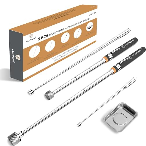 Mulwark 5pcs Telescoping Magnetic Pickup Tool with Strong Pull Force 15LB, 10LB, 3LB, 1.5LB Extendable Magnet Pick-Up Tool with Rust-Proof Magnetic Tray for Mechanics, Automotive, DIY