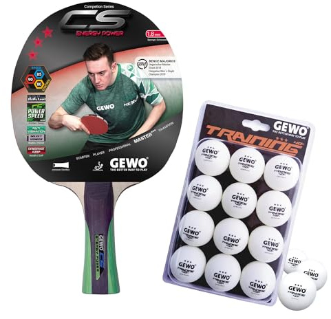 GEWO CS Energy Power Tischtennis-Schläger & GEWO Tischtennisbälle Training 40+ - Profi-Tischtennisschläger, ITTF genehmigt, konkav, 1,8mm Schwamm + 3 Sterne Tischtennis-Ball, 12 Stück