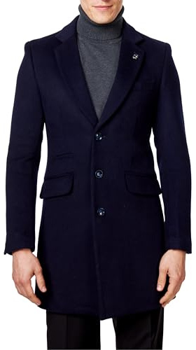Xposed NATE - Men’s Long Overcoat Wool Blend Classic Tailored Fit 3/4 Mid Length Coat Jacket [COAT-NATE-NAVY-52UK]