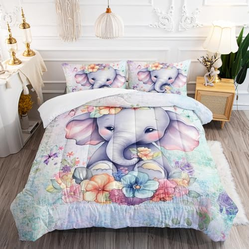 AILONEN Girls Cute Baby Elephant Bedding Set, Twin Size, Kawaii Little Sitting Elephant and Cartoon Flower Duvet Set, 3 Pieces, 1 Quilt and 2 Pillowcases