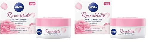 NIVEA Rosenblüte 24h Tagespflege (50 ml), Gesichtspflege mit Rosenwasser und Hyaluron, leichte Gel-Creme für geschmeidig zarte Haut (Packung mit 2)