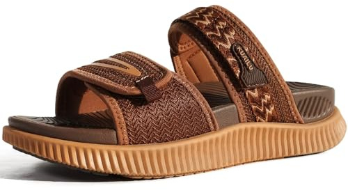 KuaiLu Womens Orthotic Slides Athletic Thick Cushion Recovery Sandals Adjustable Strap Open Toe Slip On Yoga Mat Walking Ladies Sport Sandles Comfort Plantar Fasciitis Arch Support Brown Size 4