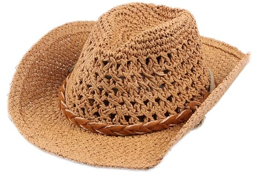 Generisch Cowboyhut für Kind Erwachsener Western Stroh Cowboy Hut Cowgirl Hüte Panamahut Westernhut Luftiger Sommerhut Sonnenhut Strandhut für Kinder Damen Herren