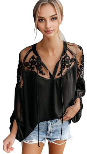 Petalum Chemisier Femme Elégant Blouse Dentelle Tulle en Mousseline de Soie Casual Top Haut Tunique Sexy Transparent Col V à Manche Longue Patchwork Lace Crochet pour Printemps Eté