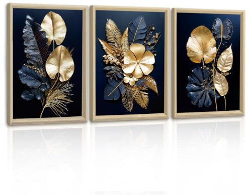 3 Pcs Leinwandbilder Bilder mit Rahmen Marineblau Gold Blumen Kokosnussblatt bild auf leinwand Wandkunst Wandbilder Kunstdruck Deko für Wohnzimmer Schlafzimmer fertig zum Aufhängen 30x40cm x3 Pcs