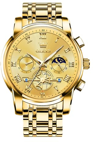 OLEVS Gold Uhren Herren Groß Zifferblatt Luxus Analog Herren Armbanduhr Edelstahl Wasserdicht Herrenuhr mit Mondphase Römische Zahlen Leuchtend Herrenarmbanduhr Chronograph Geschenke für Männer