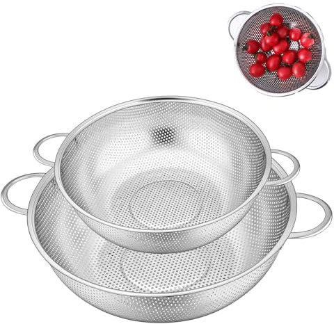 Juego de 2 coladores de cocina con asas, colador para pasta, 22 cm de diámetro, 19 cm, colador para pasta de acero inoxidable, cesta para escurrir pasta,verduras,frutas,arroz,apto para lavavajillas