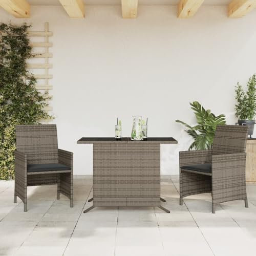 KATERYY 3-TLG. Bistro-Set mit Kissen Grau Poly Rattan,Bequemes Rattan Bistro Set Grau Perfekt für Garten, Balkon und Terrasse