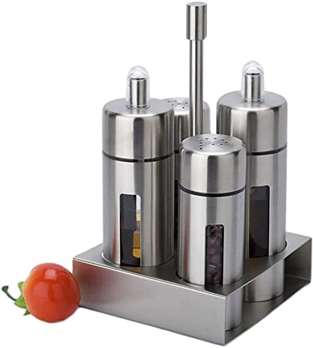 Basic Cruet Set, Stainless Steel Vinegar Dispenser Bottles, Salt and Pepper Shakers Condiment Server Holder, 4 Piece