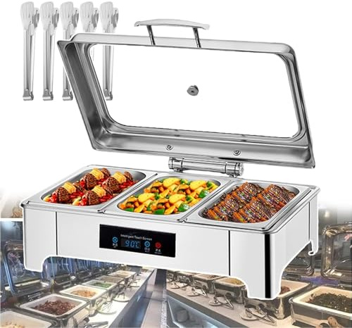 forplubossmmp Stainless Steel Electric Chafing Buffet Dish, Electric Buffet Heater with Large Glass Stove Cover & Heating Basin, Hot Food Warmer for Family Gathering, Camping (1/2/3-grids),3-grids