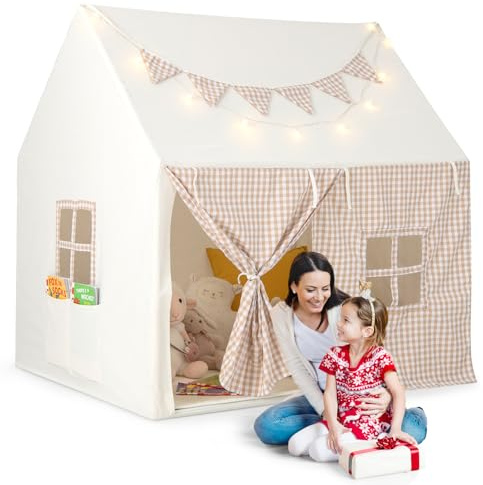 HOMASIS Kinderzelt für Drinnen, Spielhaus mit Lichtern & Matte & Fenstern & Vorhang & Flaggen & Taschen, Spielzelt Prinzessin Zelt Baumwolle für Jungen & Mädchen, Tipi Zelt Kinderhaus Kinderzimmer