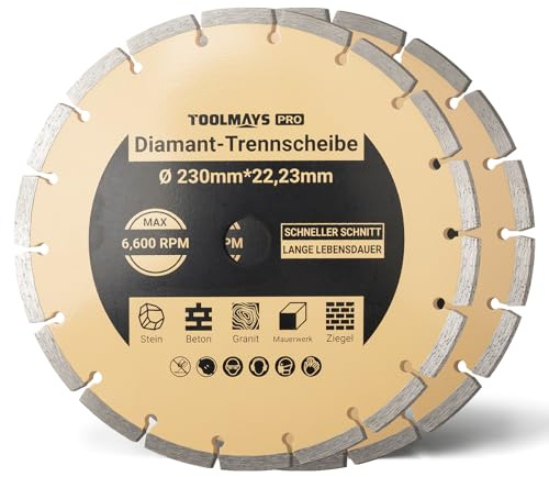 TOOLMAYS Diamanttrennscheiben Set 2x 230mm | Diamantscheibe für Stein, Beton, Granit, Mauerwerk, Ziegel, Stahlbeton, Bohrung 22,23 mm