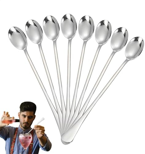 Lot de 8 cuillères à café longues en acier inoxydable – 20 cm de long – Cuillère à café glacée, bar à domicile, ensemble de vaisselle pour crème glacée, dessert, cocktail, boissons
