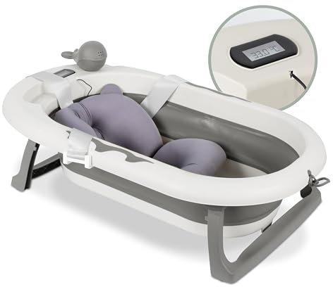 KidzCorner faltbare Baby Badewanne mit integriertem Thermometer und Stützkissen(Grau mit grauem Stützkissen)