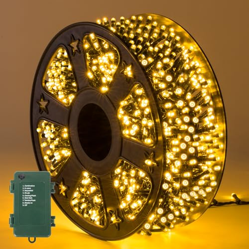Quntis Battery Christmas Lights 25M 1000 LED Warm White String Lights Outdoor Timer 8 Lighting Modes Waterproof Christmas Cluster Lights for Xmas Tree Garden Festive Party Indoor Outdoor Decoration