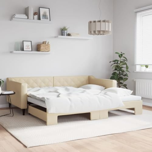 Hommdiy Tagesbett,Schlafsofa Polsterbett,Einzelbett Gästebett mit Lattenrost,Sofabett Tagesbett,Creme 100x200 cm Stoff mit Bettkasten