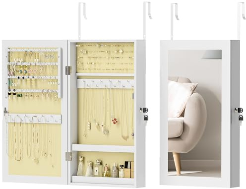 HOMCOM Miroir à bijoux mural avec serrure et plusieurs compartiments à monter au mur ou à la porte pour boucles d'oreilles, collier, anneau et bracelet blanc et doublure crème