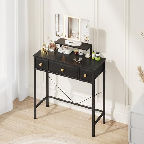OYRREU Dressing Table with LED Mirror, Small Vanity Desk with 3 Fabric Drawers&Height Adjustment, Makeup Desk for Bedroom, Nursery, Vanity Table for Kids, Space-Saving, 30D x70W, Black
