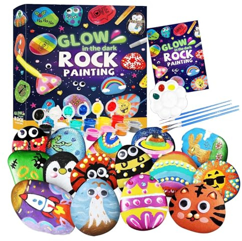 Forhome Kit de Peinture Sur Pierre Pour Enfants,Cadeaux de peinture，Activites Manuelles，Kit de Peinture Pouring sur Pierre Lumineuse，galets a peindre