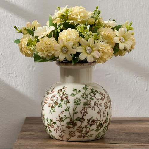 Grüne und beige antike Vase, 14,9 cm Chinoiserie-Blumendesign, rustikale Keramikvase für Heimdekoration, Wohnzimmer, Bücherregal, Büro, Eingangsbereich, Grand Millennial Dekor, Chinoiserie-Dekor
