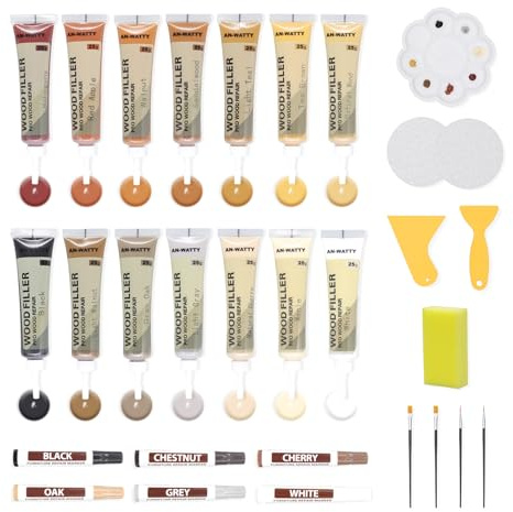 Stucco per Legno 20 Colori, Stucco per Legno Riempitivo con 14 Colori Stucco Legno e 6 Colori Pennarello per Legno, Kit Riparazione Piastrelle per Laminato, Legno, Fori, Graffi, Crepe, Tavoli