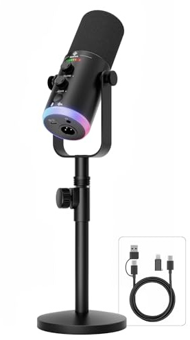 SquarockTek USB/XLR Dynamic Podcast Microphone with RGB Lighting, PC Gaming Streaming Mic with Mute Button, Headphone Jack and Desktop Stand TX2