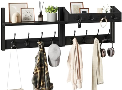 YMYNY 4-i-1 vägggarderob med hylla, garderobslist nyckelbräda trä, garderobsvägg för hall, sovrum, vardagsrum, elegant och stabil, svart, HWS007B-2