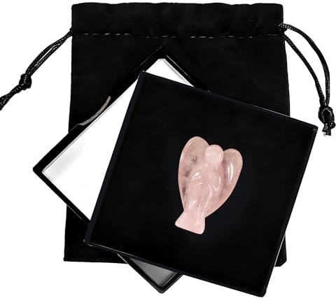 QACUU Rosenquarz-Engelfigur als Schutzengel Geschenk mit Box und Samtbeutel | Rosenquarz Stein Schutzengel als symbolische Dekorationsfigur, zum Sammeln, Erinnern und Verschenken.