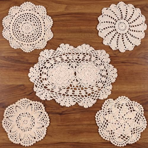 5 Stück Häkeldeckchen, Gemischte Größen Platzset Rund Vintage Spitzen Platzsets, Gestrickte Tischdecken für Zuhause, Küche, Esszimmer, Hochzeitsfeier-Dekoration (Beige)