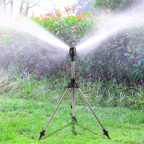 Vasiumic Aspersor giratorio automático con trípode ajustable para riego de césped de jardín, boquilla de riego de círculo completo de 360°, construcción de acero inoxidable y ABS