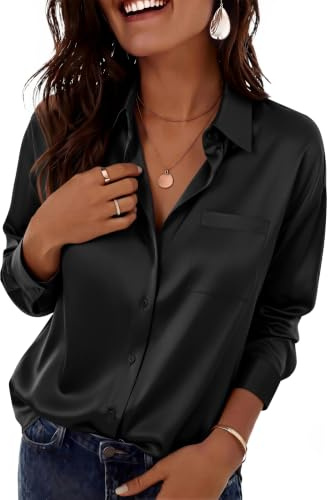 Zeagoo Women's Satin Blouse Long Sleeve Button Down Shirt Casual Office Top | V Neck Shirts | Elegant Blouses | Ladies Plain Shirt | Claasic Work Tops | Party Clothings | S-2XL